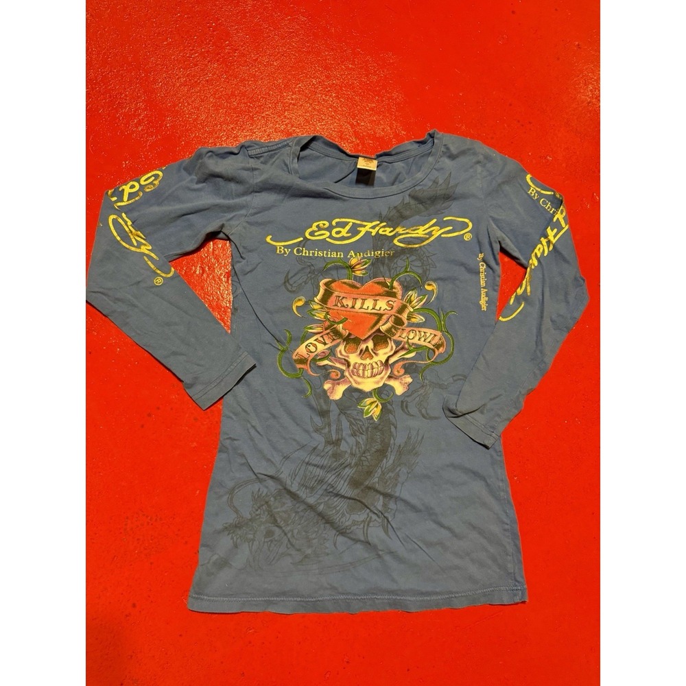Youth Girls Ed Hardy T Shirt Large Blue Lube Kills Skull Graphic All Over Print